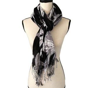 Black and Grey Floral Fringe Scarf